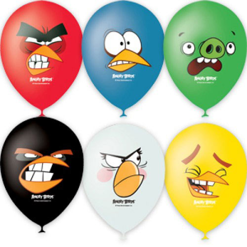 Воздушные шарики 12"/30см с 1 ст. 4 цв. рис. (шелк.) Пастель и декоратор Angry Birds Faces