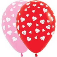 Шар (12''/30 см) Сердечки-смайлики, Розовый (009) / Красный (015), Ассорти, пастель, 5 ст, 1 шт.