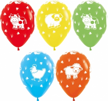 Воздушный шарики (12''/30 см) Веселая животная ферма, Ассорти, пастель, 5 ст